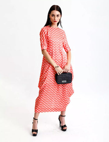 POLKA DOT COWL DRESS WITH POCKETS