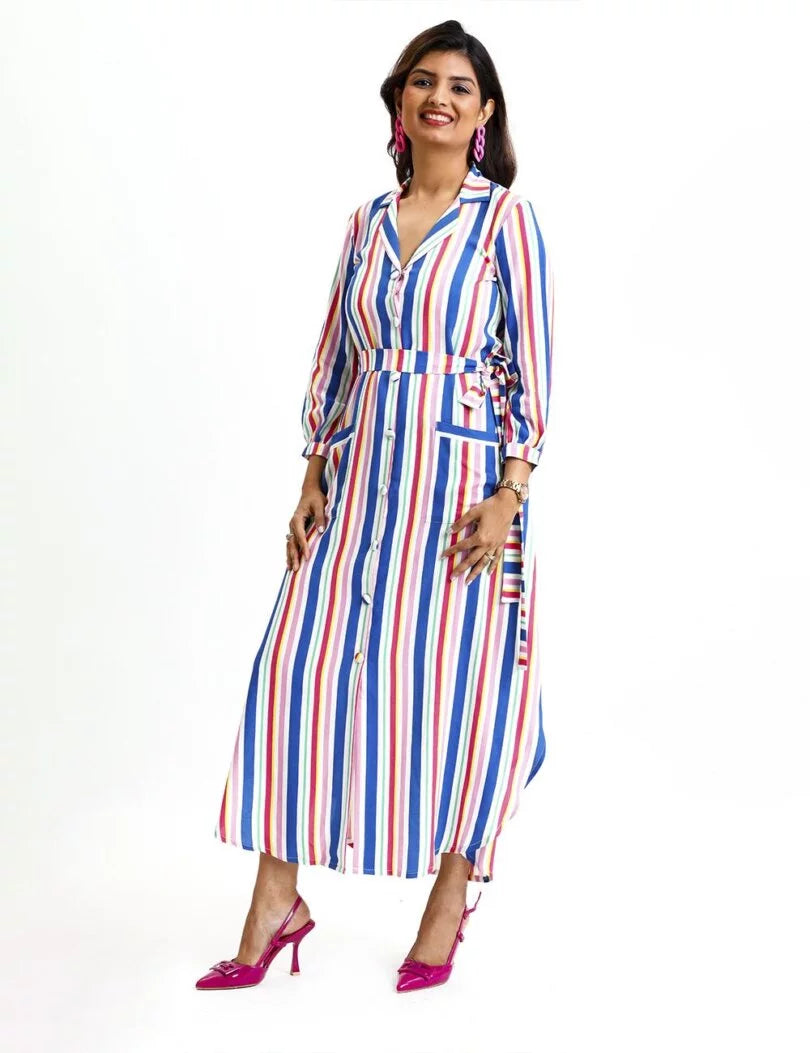STRIPED SHIRT DRESS WITH FRONT POCKETS