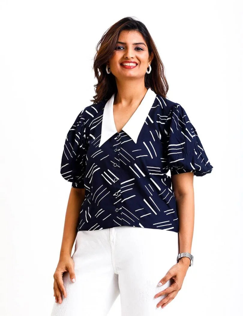 PRINTED DRAMATIC COLLAR SHIRT