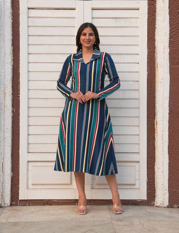 Multi Colour Strips A-Line Dress