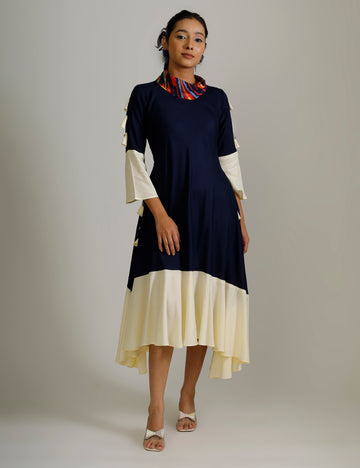 Cowl Neck Dress - Blue and Cream