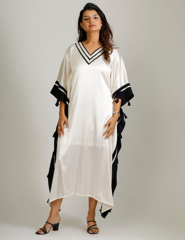 Black and White Satin V-Neck Kaftan