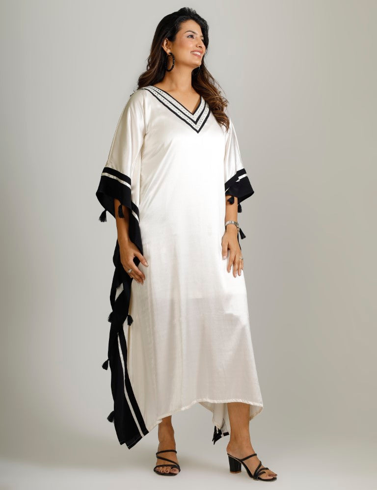Black and White Satin V-Neck Kaftan