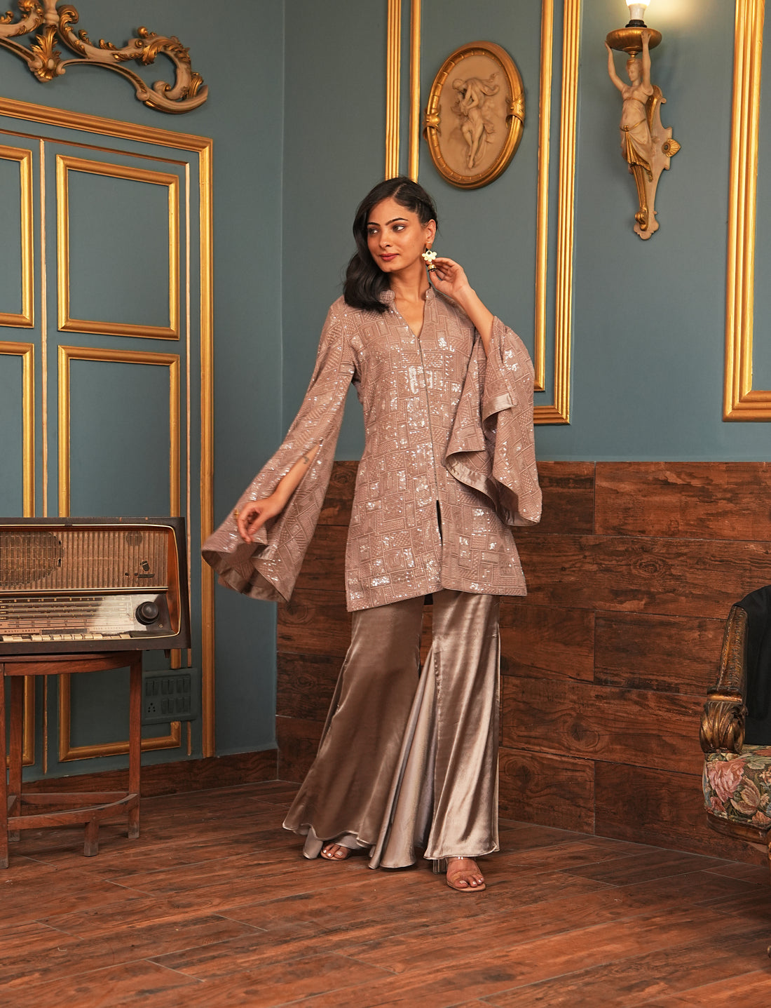 Embellished Jacket Flared Pant Party Wear Dress