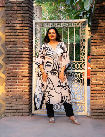 Face Print Kaftan with Black Pants