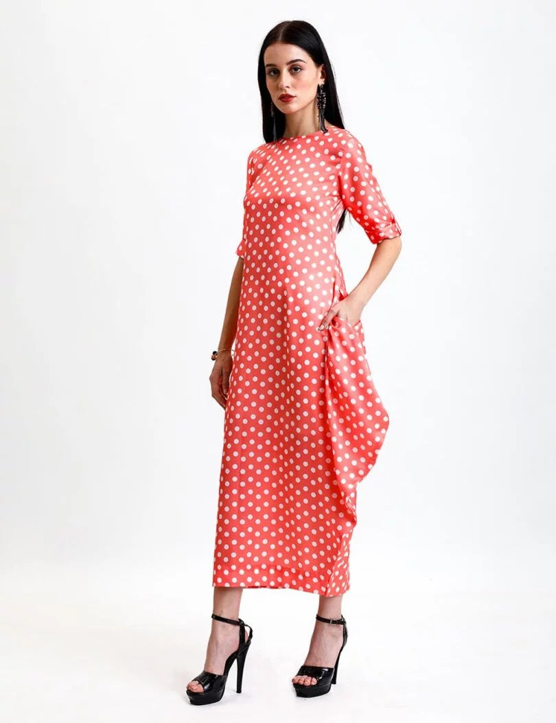 POLKA DOT COWL DRESS WITH POCKETS