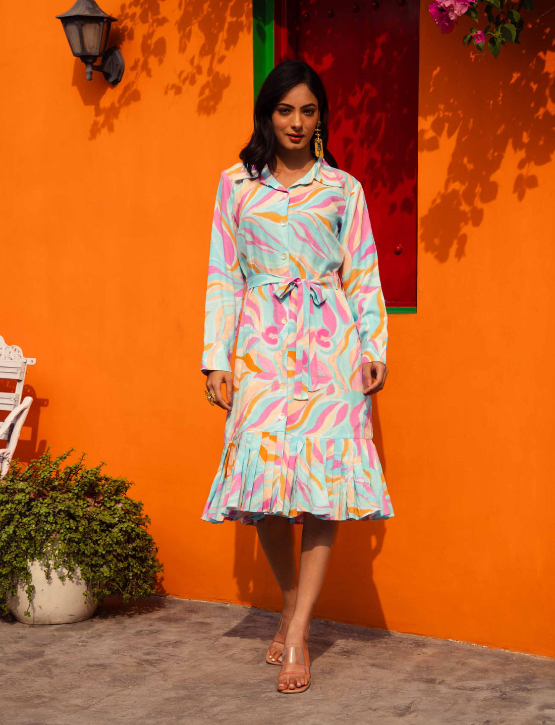 Pleated Shirt Dress With Belt