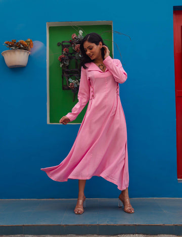 Button Detailed Plicated A-Line Dress