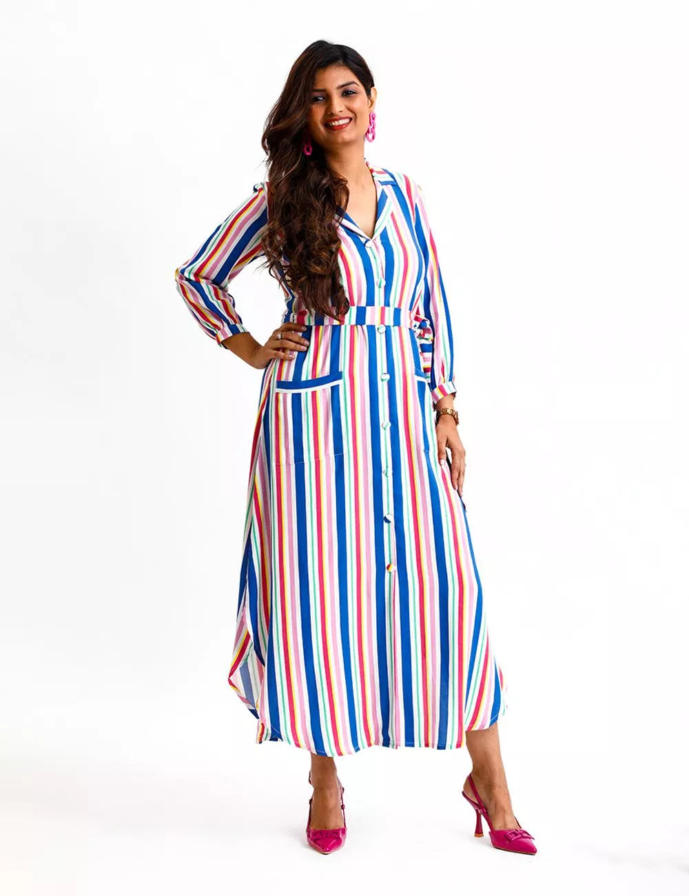 STRIPED SHIRT DRESS WITH FRONT POCKETS