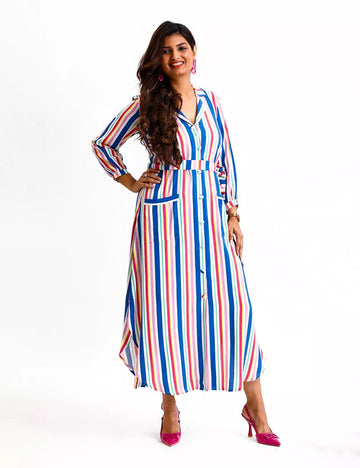 STRIPED SHIRT DRESS WITH FRONT POCKETS