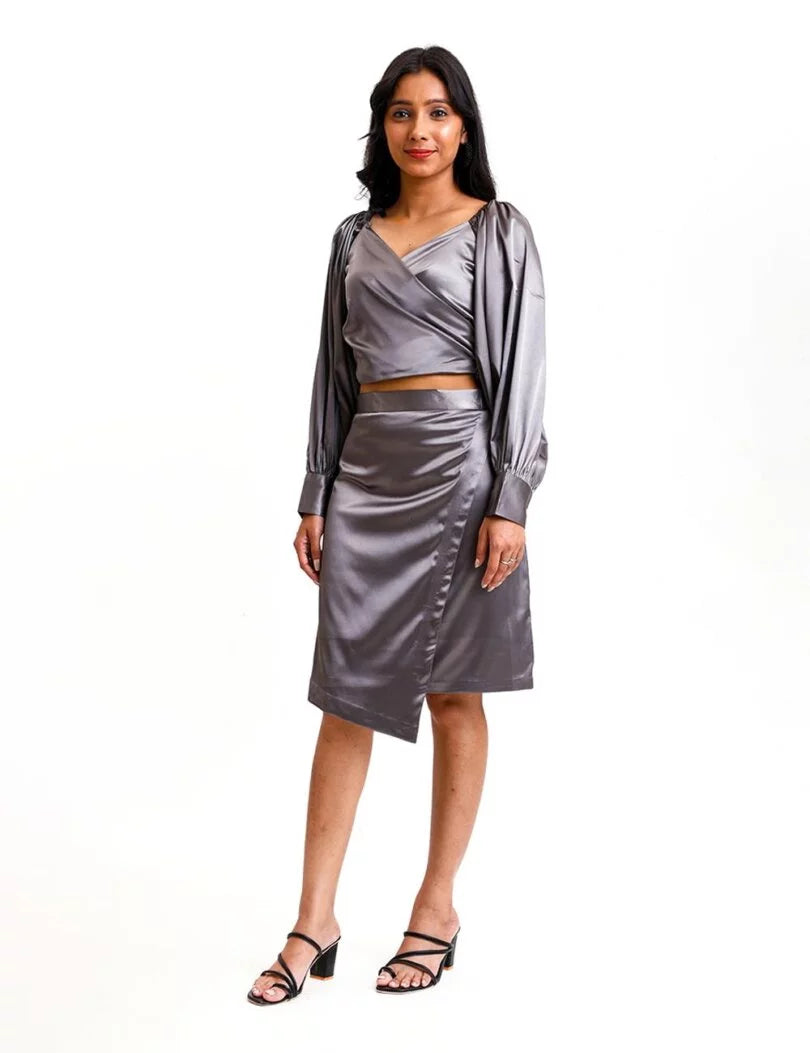 Puffed Sleeves Top With Wrap Skirt