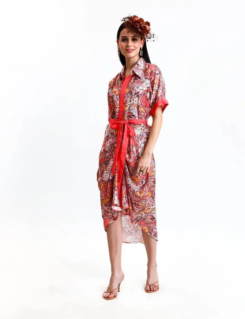 Button Down Printed Cowl Shirt Dress