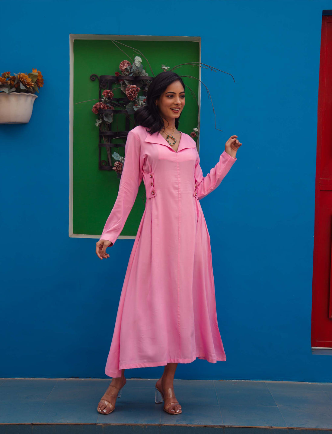 Button Detailed Plicated A-Line Dress