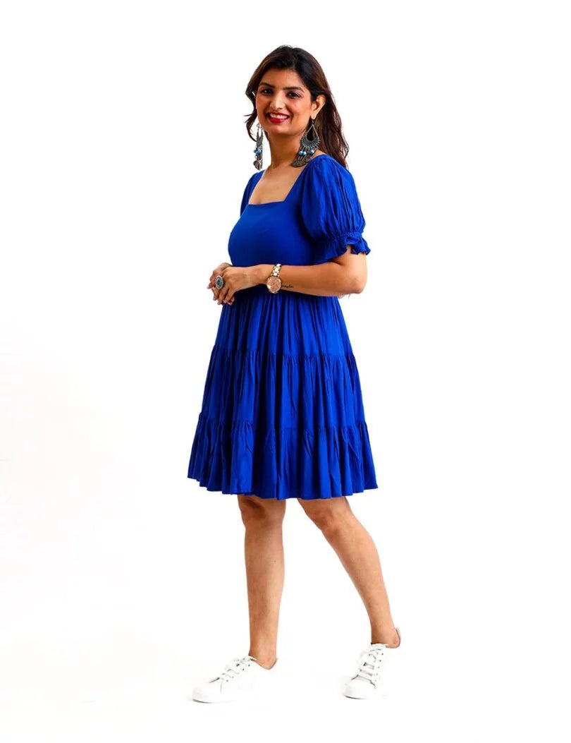 TIERED A – LINE DRESS WITH SHORT PUFF SLEEVES