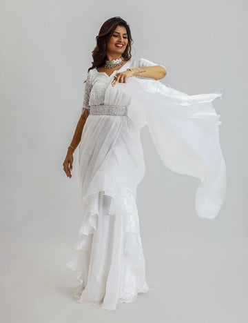 SHOWSTOPPER WHITE DRAPE SAREE