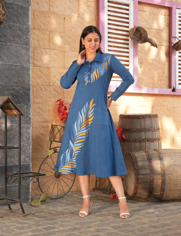 Denim Leaf Embroidery Dress