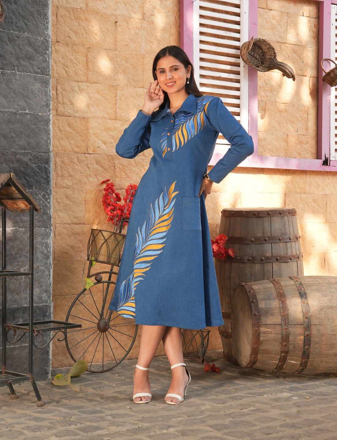 Denim Leaf Embroidery Dress