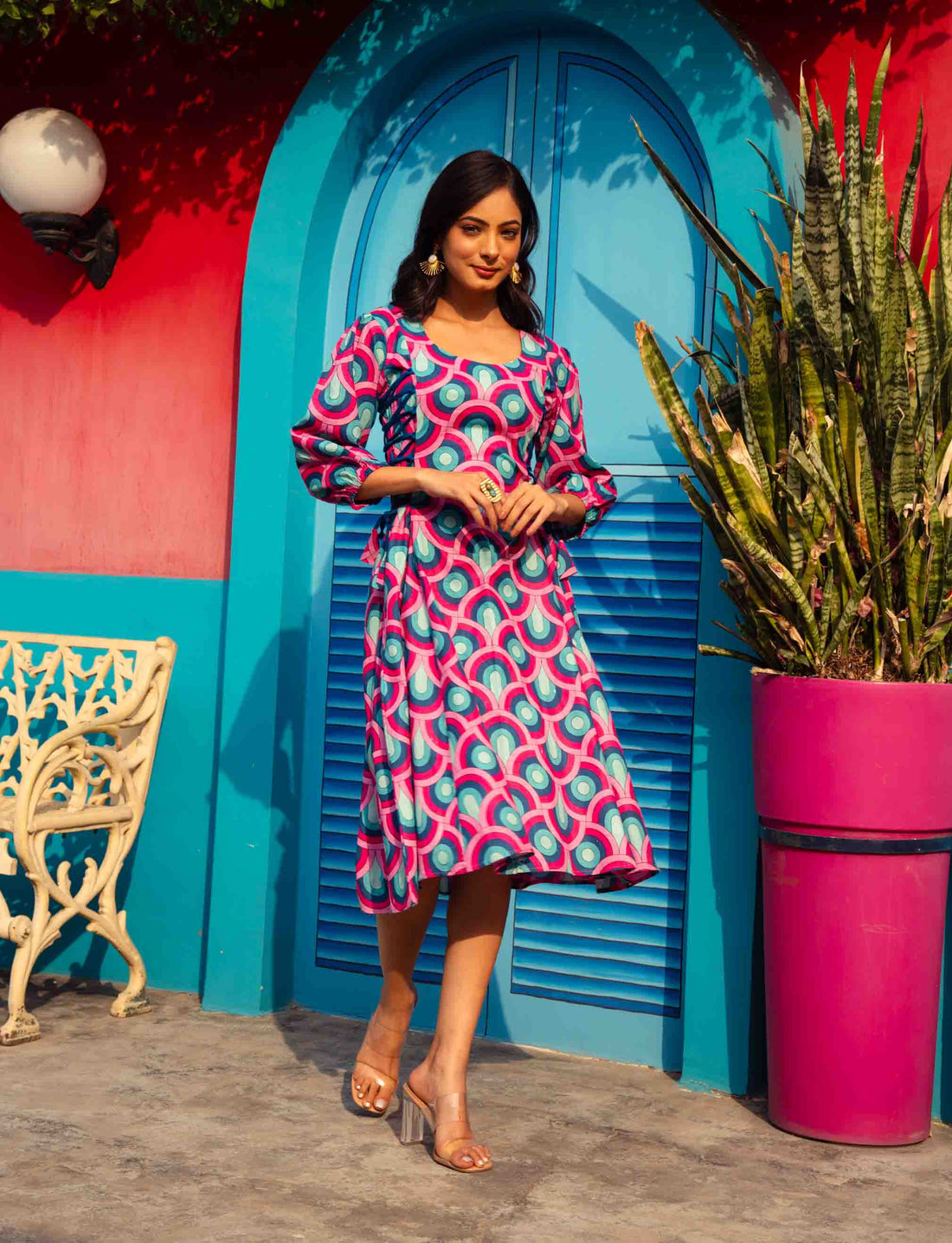 Multicolour Printed Tie-Up String Dress