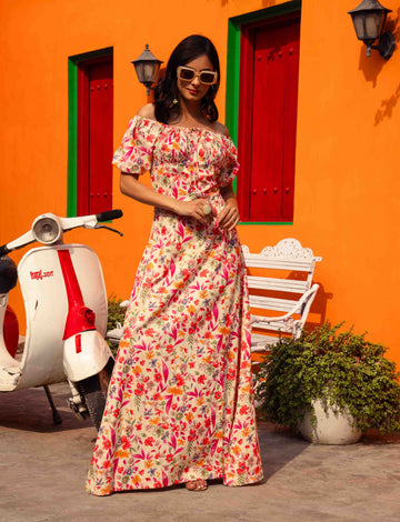 Floral Printed Slit Open Dress