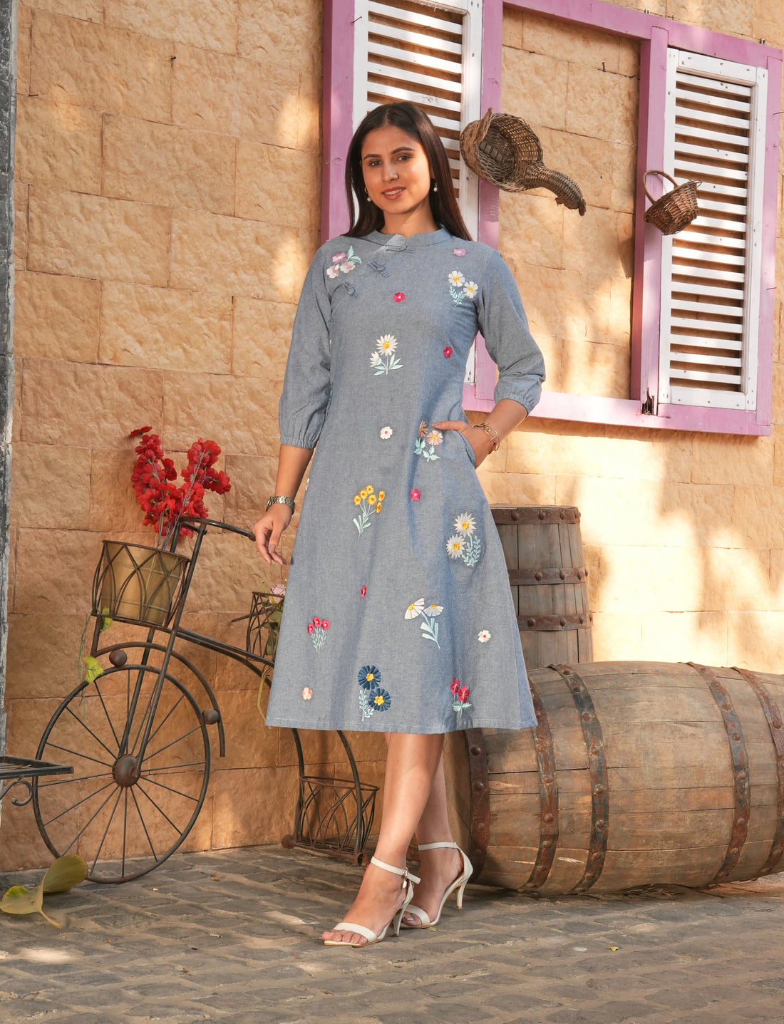 Floral Charm Chambray A-Line dress