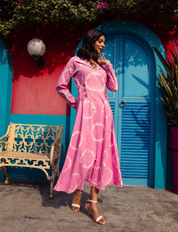 Tye and Dye Button Detailed Plicated A-Line Dress