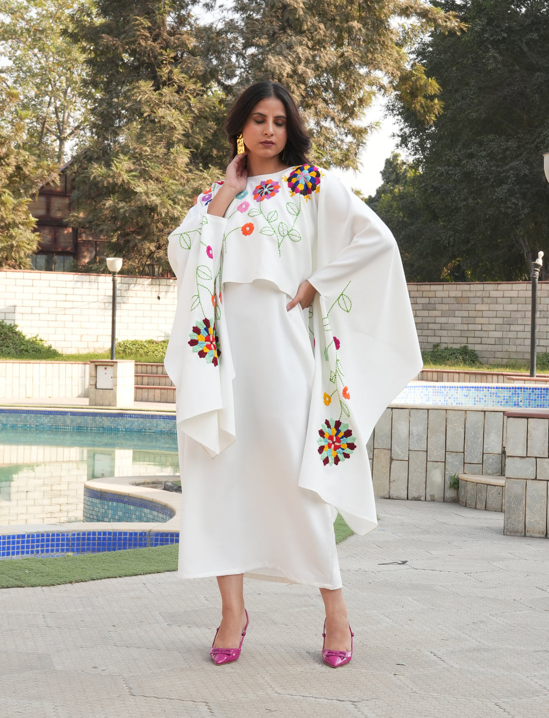 Floral Embroidered Cascade Cape Dress