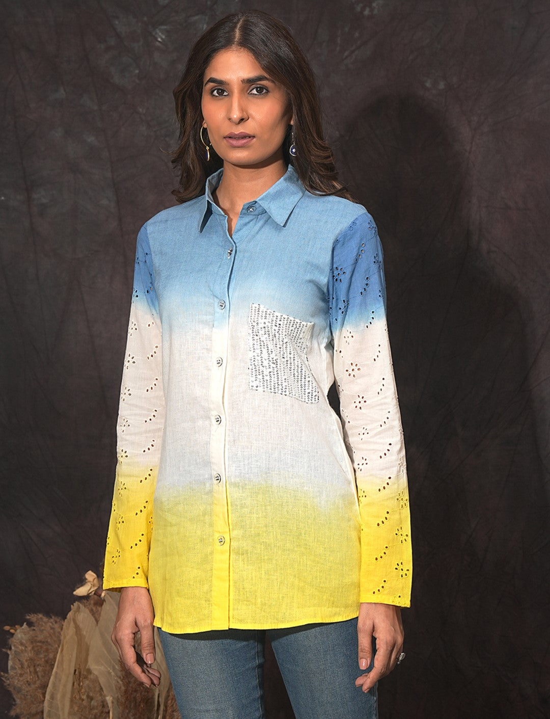 Sequins Pocket Ombre Shirt (Blue & Yellow)