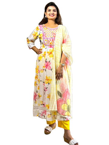 Off White Floral Print A Line Kurta Set with Pant
