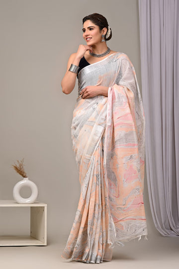 Orangish and Greyish Linen Saree