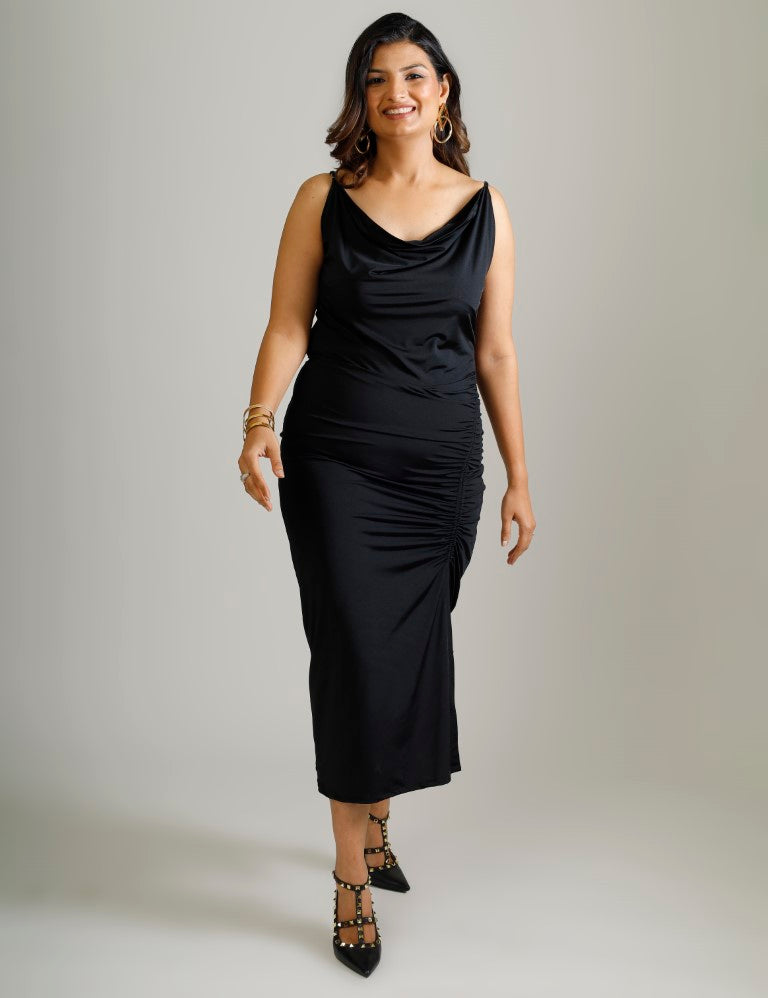 gathered bodycon dress Blue Gathered Mock Neck Bodycon Midi Dress