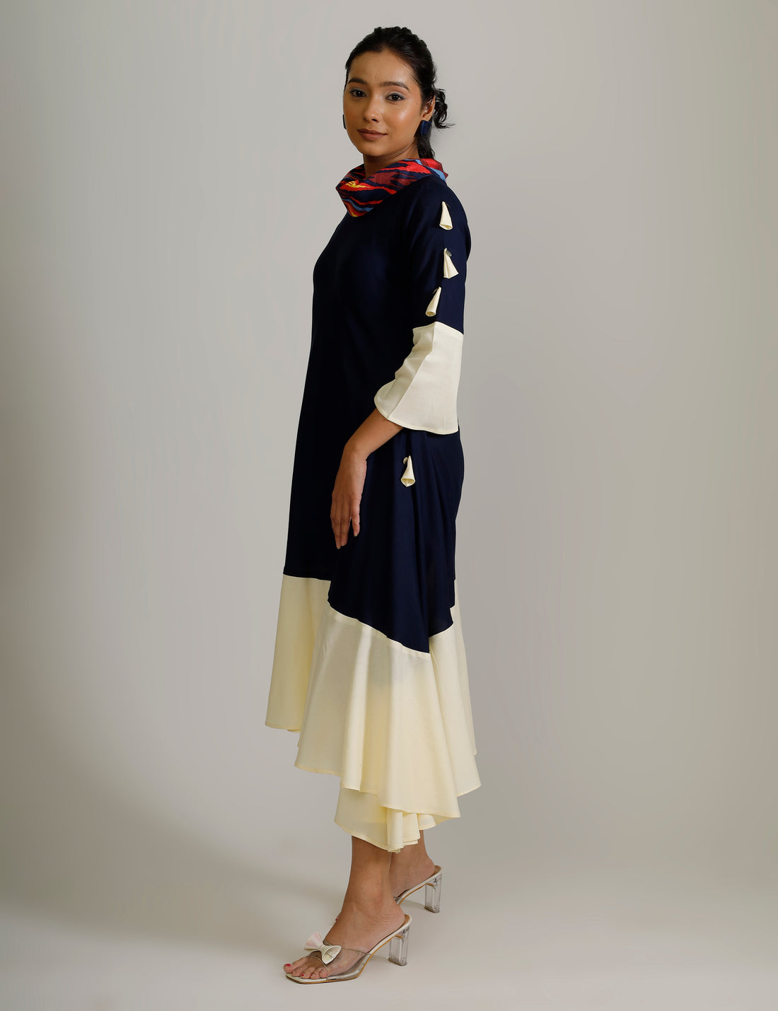 Cowl Neck Dress - Blue and Cream