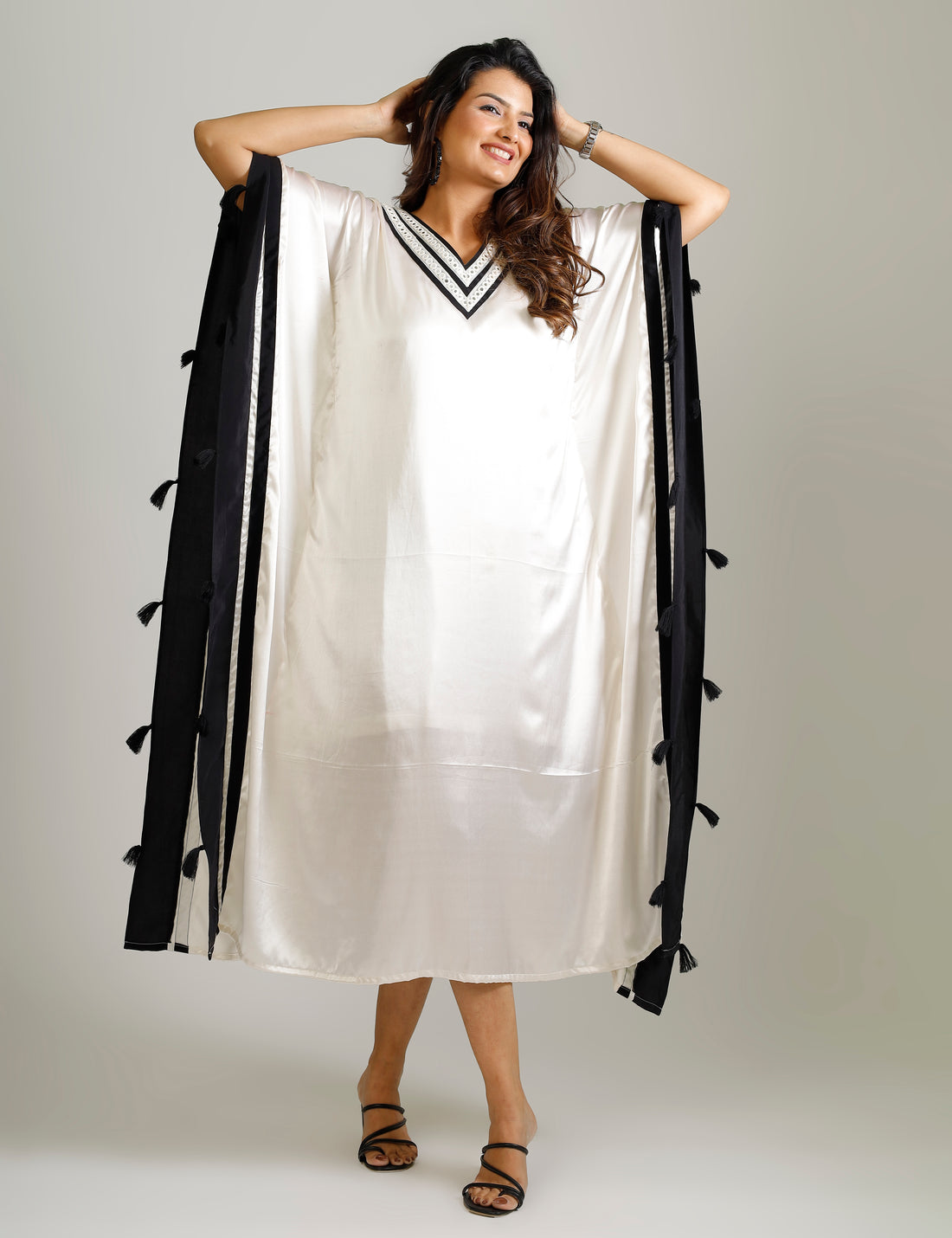 Black & White Satin V Neck Kaftan