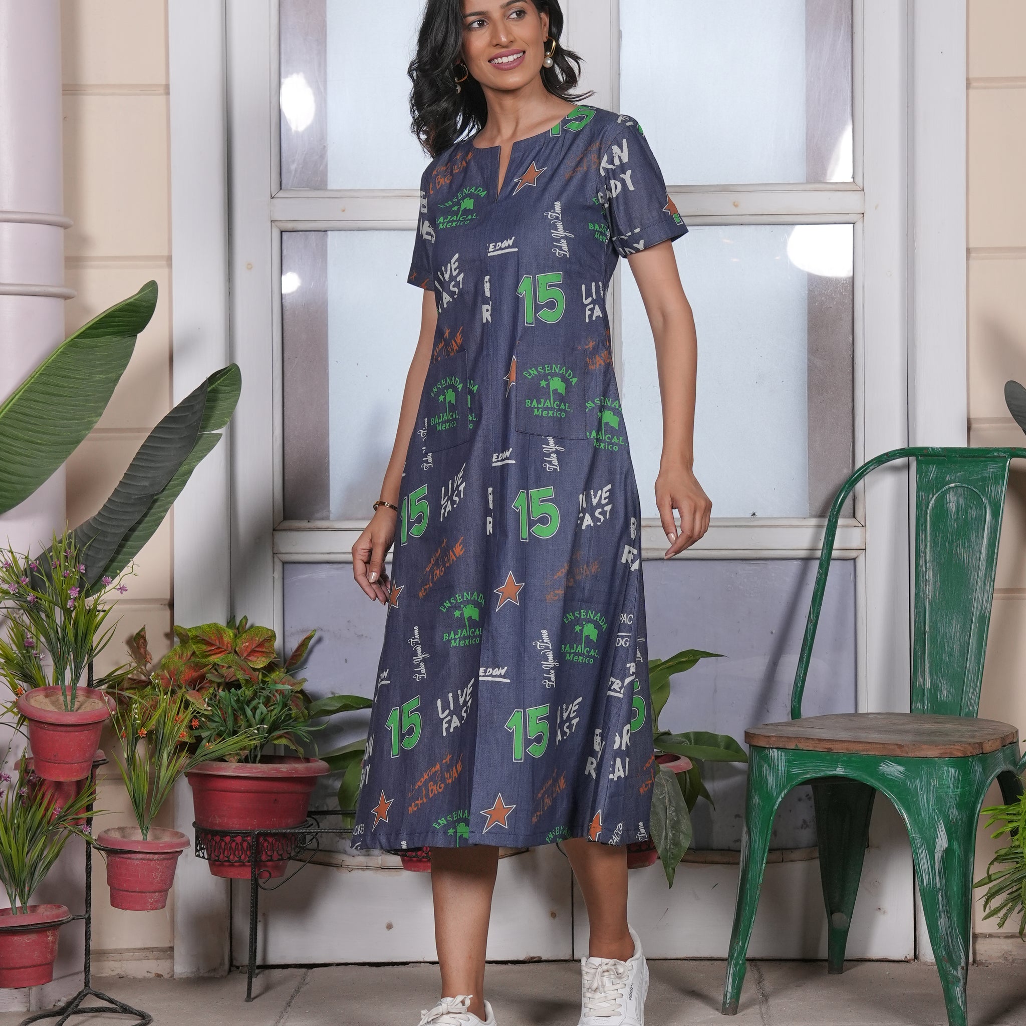 PRINTED DENIM DRESS