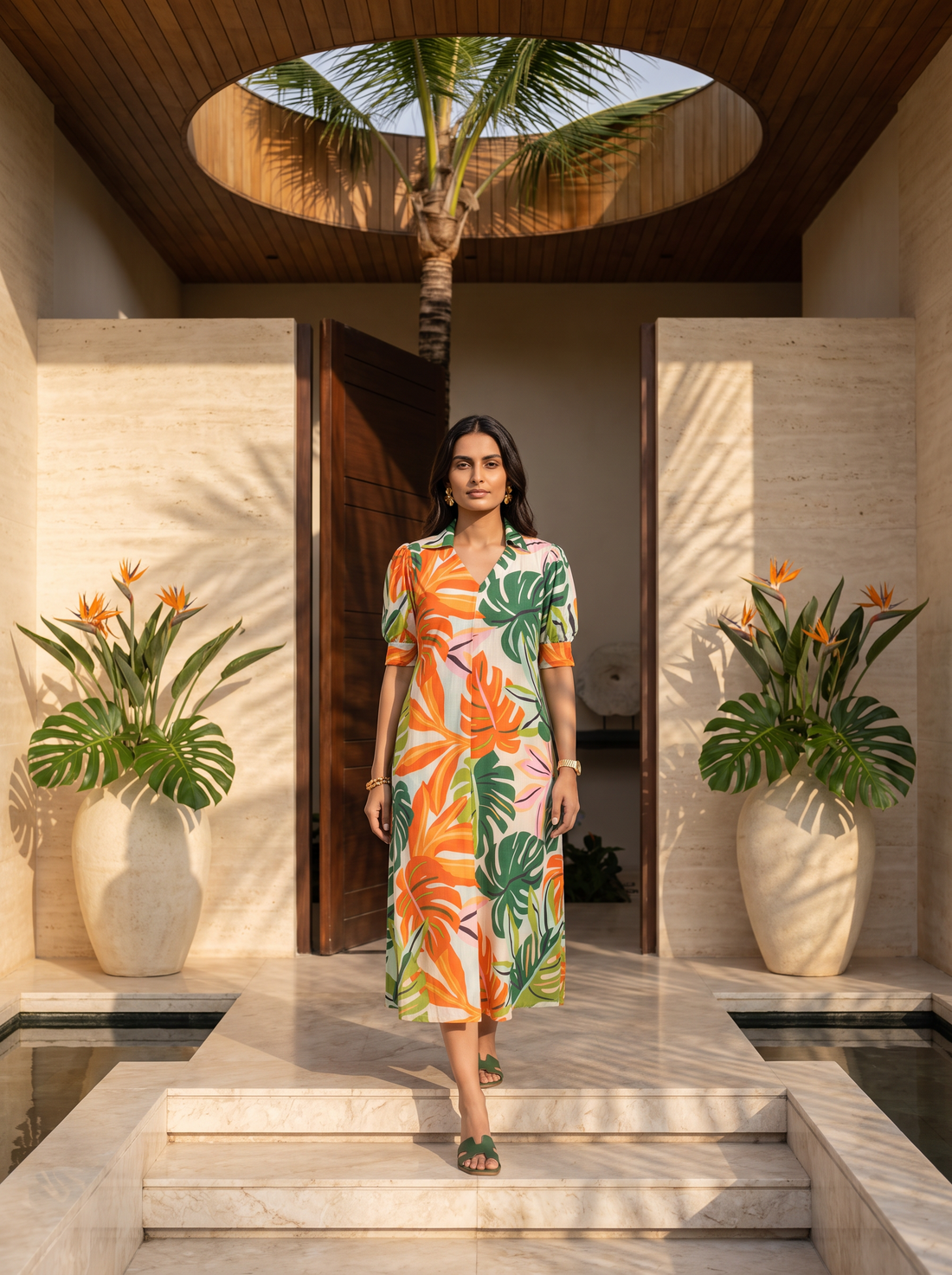 Elara Leaf Printed Midi Dress