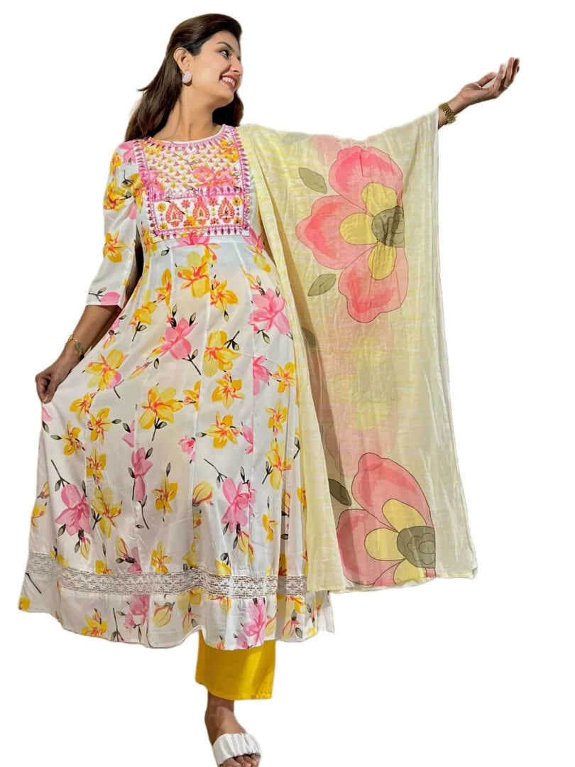 Off White Floral Print A Line Kurta Set with Pant