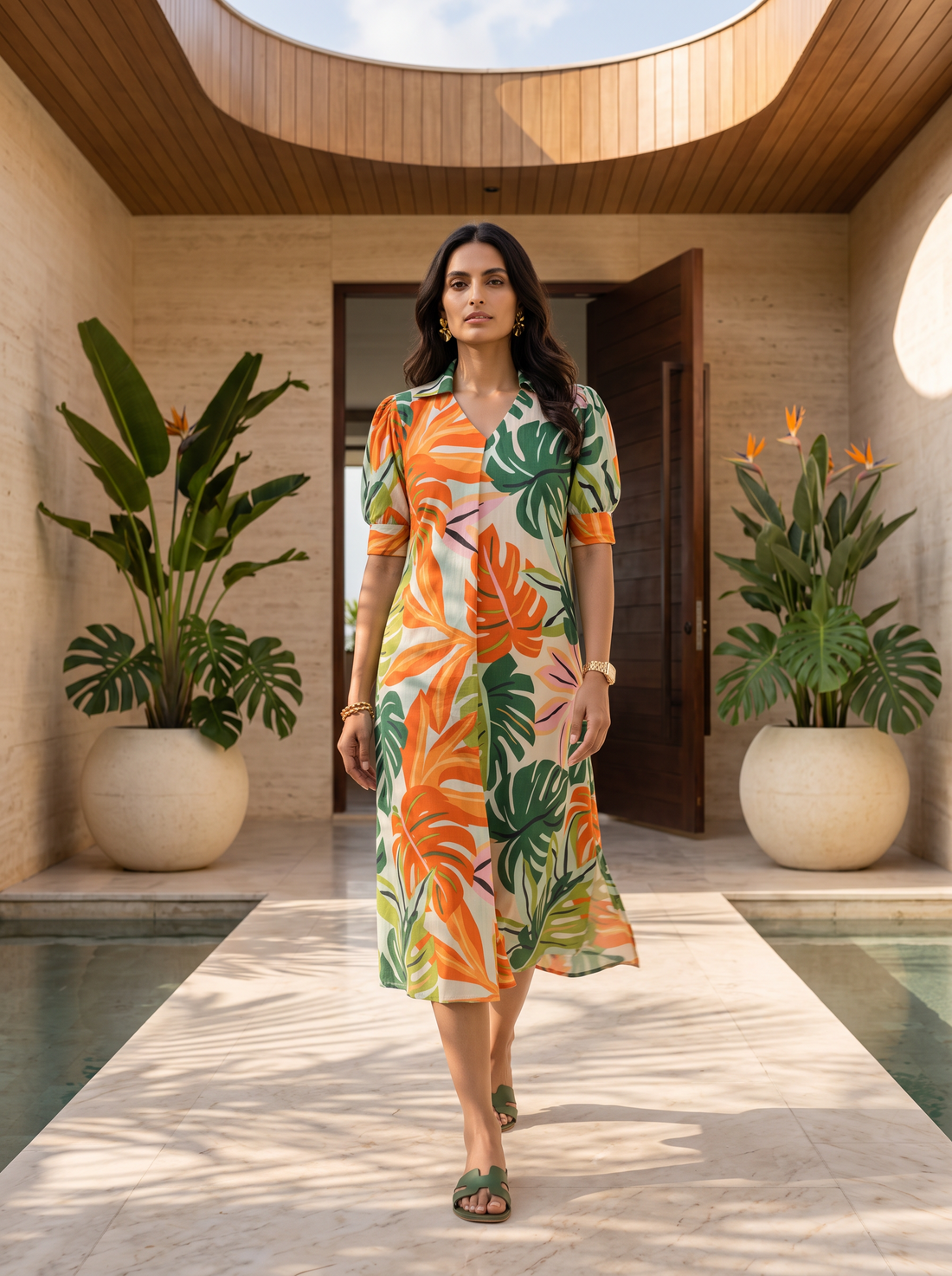 Elara Leaf Printed Midi Dress